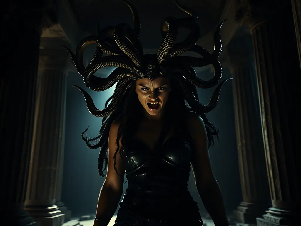 An eye-catching image of the 'Medusa II' slot game, featuring the iconic Medusa character with snakes for hair, set in a dark and mysterious ancient Greek temple, highlighting the game's captivating and slightly eerie theme.